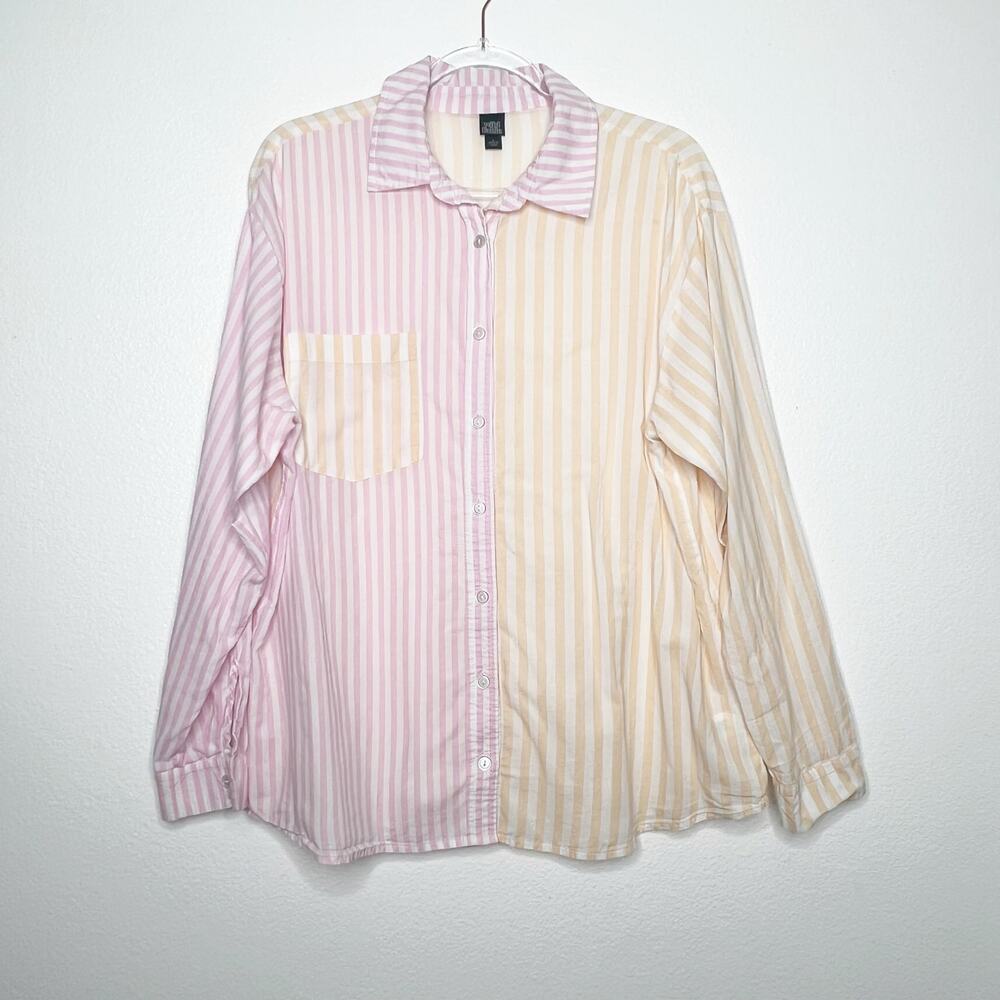 WILD FABLE Colorblock Striped Long Sleeve Button Up Shirt Yellow Pink Womens L - Picture 9 of 9